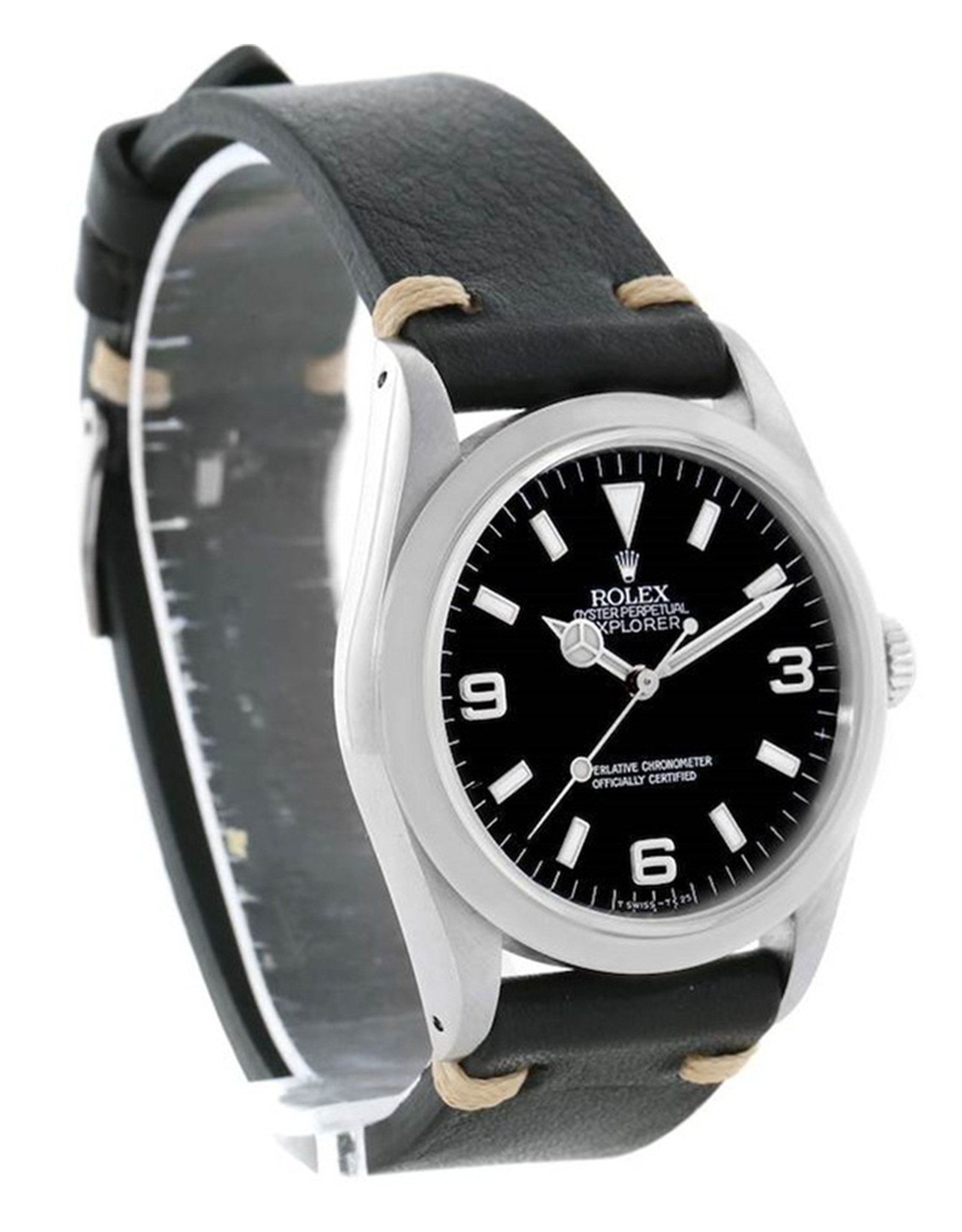 Replica Rolex Explorer I Herren Stahl schwarzer Lederschalt Replica Uhren 14270 36mm
